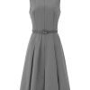 Women's Sleeveless Dress Zip Up Belted Fit & Flare Work Dresses