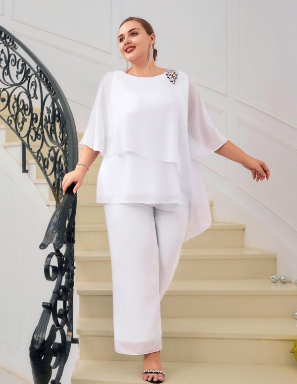 Plus Size Mother of Bride Pant Suits 2 Piece Chiffon Sets Ruffle Layers Wedding Guest Outfit