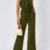Jumpsuits For Women Dressy Summer One Piece Sleeveless Ruffle Mock Neck Belt Pockets Formal Wide Leg Pants Romper