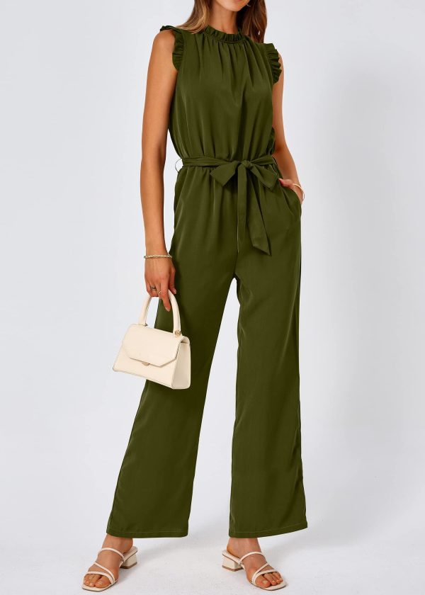 Jumpsuits For Women Dressy Summer One Piece Sleeveless Ruffle Mock Neck Belt Pockets Formal Wide Leg Pants Romper
