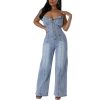 Womens Denim Jumpsuits Button Sleeveless Tube Top Wide Leg Jeans Summer Going Out Jumpsuits