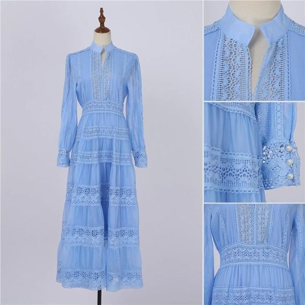 Women's Muslim Wedding Guest Dress Long Sleeve Cotton Lace Embroidery Plain Maxi Bridesmaid Evening Dress