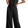 Women's Summer 2 Piece Outfits Set Round neck Sleeveless Tank Crop Top Wide Leg pants Set Pockets Jumpsuits