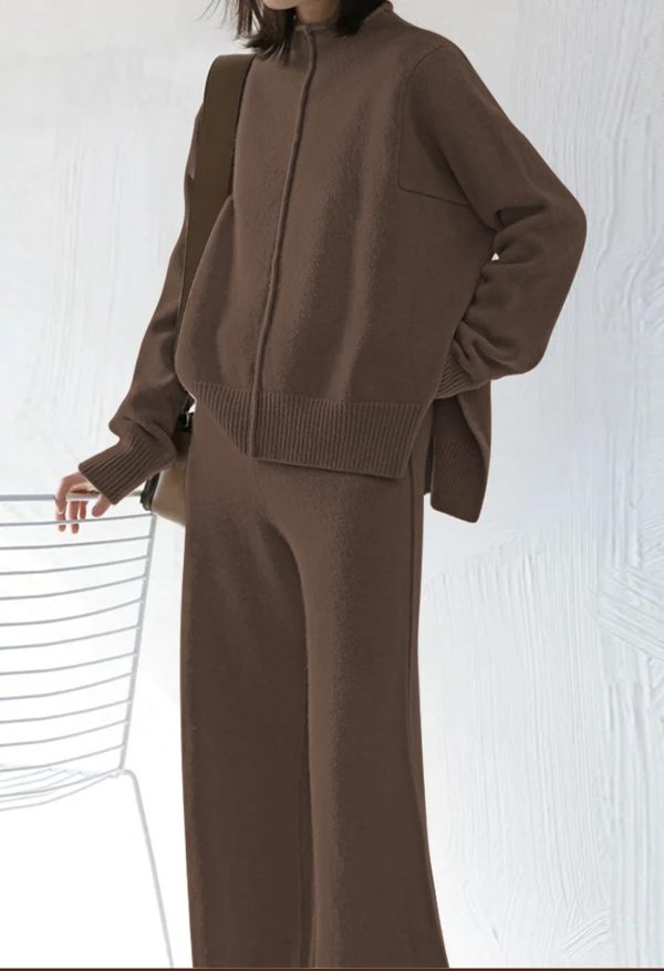 Women's 2 Piece Outfits Sweater Set Wide Leg Pants High Neck Sweatsuit Loungewear