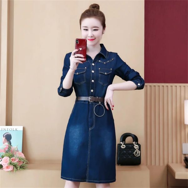 Women Jeans Dress Long Sleeve Single Breasted Shirt Dress Office Denim Dress