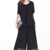 Women's 2 Piece Chiffon Sets Outfits Flowy Summer Casual Dressy Pantsuits Double Layers Blouse Capris Pants Suits
