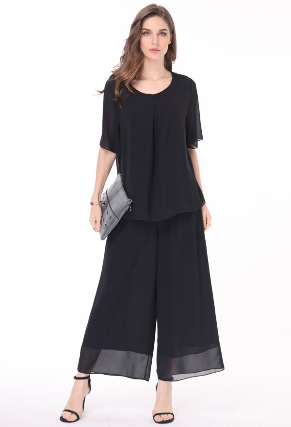 Women's 2 Piece Chiffon Sets Outfits Flowy Summer Casual Dressy Pantsuits Double Layers Blouse Capris Pants Suits
