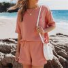 Summer Cotton Linen Pocket Sets, Short Sleeve T Shirt And Shorts 2 Piece Set, Women Beach Solid Outfits Tracksuit