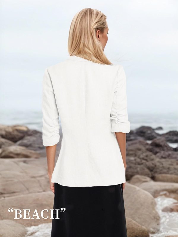 2025 Summer Linen Blazer Women Lightweight 3/4 Stretchy Ruched Sleeve Fully-Lined Casual Work Jacket with Pockets