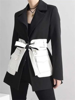 Women's Contrast Color Lapel Pocket Long Sleeve Loose Fit Office Open Front Solid Blazer