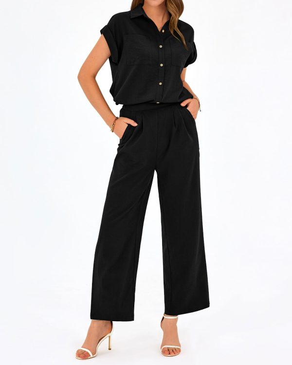 Womens 2 Piece sets Summer Cap Sleeve Tops Palazzo Pants Dressy Casual Vacation Travel Outfits Tracksuits