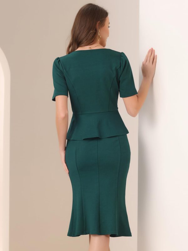 Business Skirt Set for Women's 2 Piece Outfit Short Sleeve Peplum Top Fishtail Bodycon Skirts