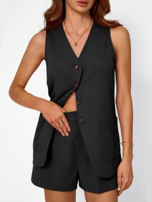 615LKrFM0L.jpg Summer Sets for Women Two Piece Vacation Outfits Short Set Button Down Business Casual Dressy 2 Piece Clothes 2025