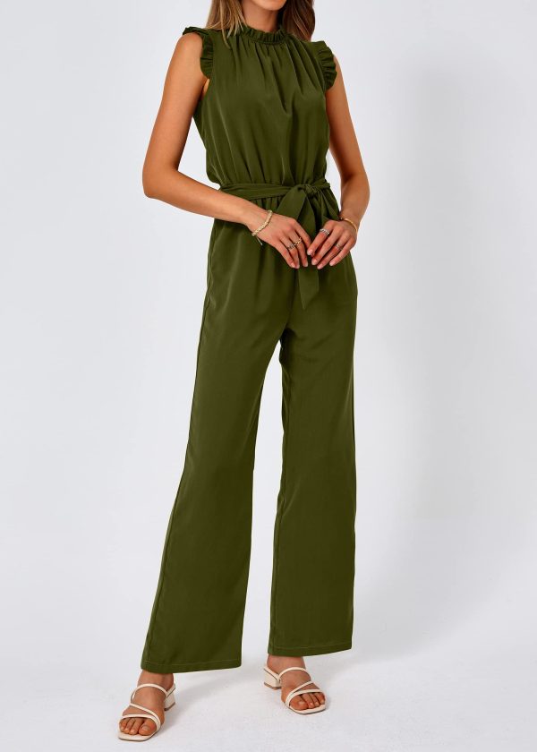 Jumpsuits For Women Dressy Summer One Piece Sleeveless Ruffle Mock Neck Belt Pockets Formal Wide Leg Pants Romper