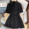Women Black Pleated Dress Comfort Fit Formal Suit Dress Elegant Office Wear Professional Attire
