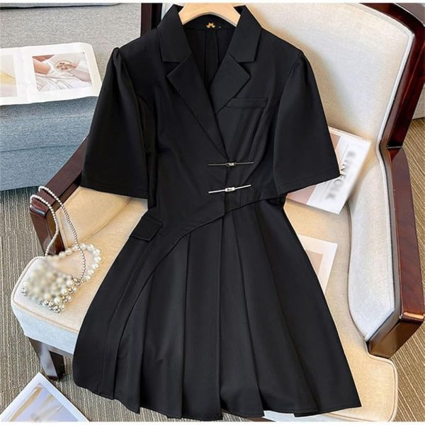 Women Black Pleated Dress Comfort Fit Formal Suit Dress Elegant Office Wear Professional Attire