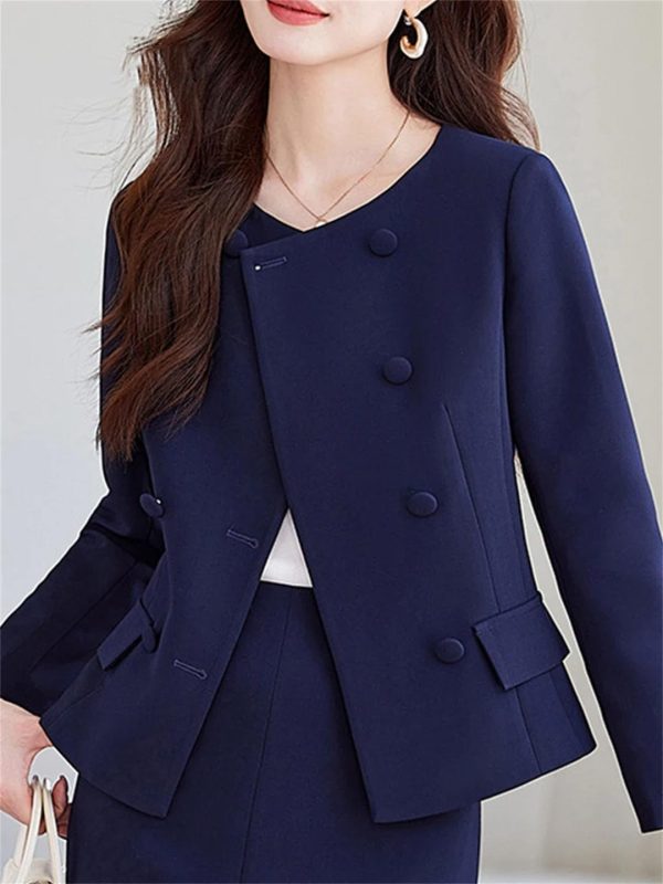 Women Commuting Office Half Skirt Two Piece Set Slim Fit Double Breasted Long Sleeved Half Skirt Set