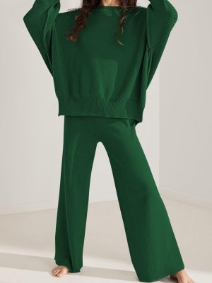 Women 2 Piece Sweater Sets Long Sleeve Knit Top Matching Wide Leg Pant Knitted Sweatsuit Outfits