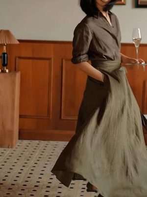 Women's Linen Set - Navy Shirt Dress & Skirt Versatile Travel Ensemble