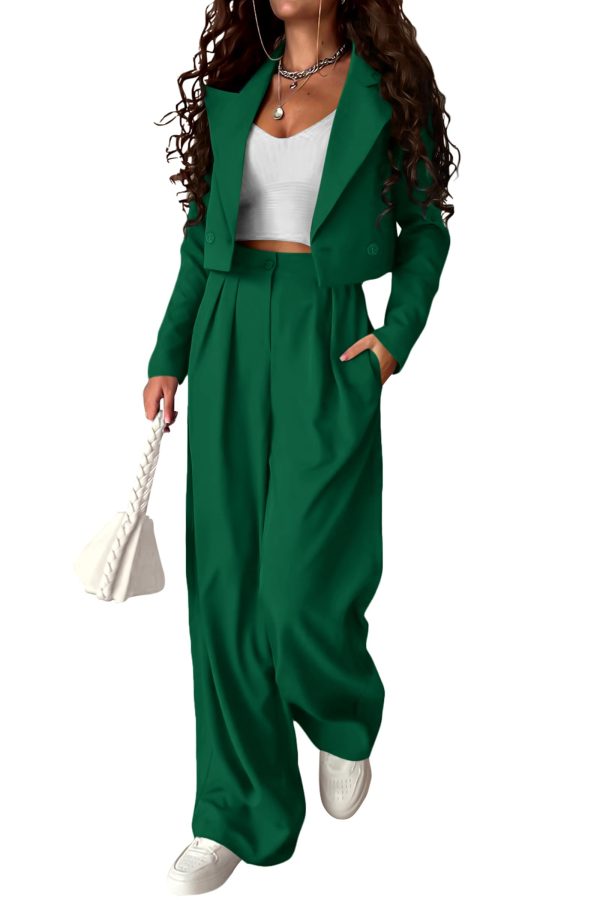 616Adqxf5VL.jpg Women's 2 Piece Casual Outfits Cropped Blazer Jackets High Waisted Wide Leg Work Pants Suit Set