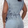 Womens Denim Romper Y2k Sleeveless V Neck Lapel Blazers Vest Work Business Short Jeans Jumpsuits