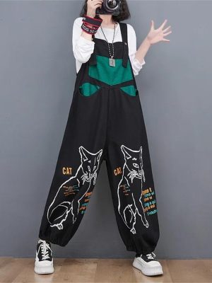 Women Loose Vintage Streetwear Wide Leg Jumpsuits Denim Overalls Spliced Black Cartoon Printed Jumpsuits