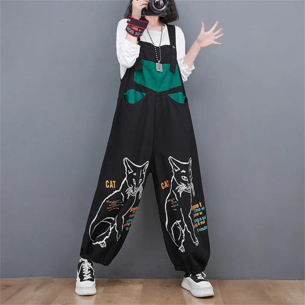 Women Loose Vintage Streetwear Wide Leg Jumpsuits Denim Overalls Spliced Black Cartoon Printed Jumpsuits