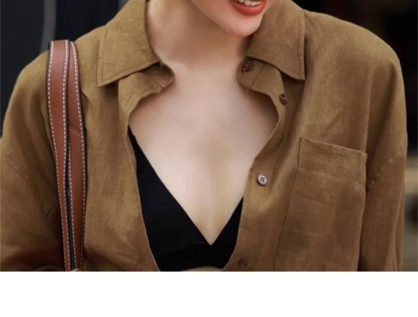 Women's Linen Business Set - Brown Shirt & Wide Leg Pants Elegant Professional Attire