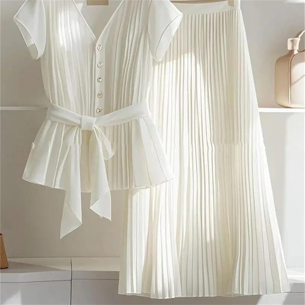 Womens 2 Piece Chiffon Outfits Short Sleeve Blouse and Pleated A Line Long Skirt Set with Belt for Work Office