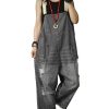 Women Casual Loose Cropped Denim Jumpsuits Rompers Jeans Overalls Distressed Ripped Fringed/Pockets P49