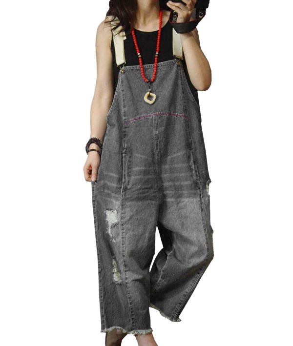 Women Casual Loose Cropped Denim Jumpsuits Rompers Jeans Overalls Distressed Ripped Fringed/Pockets P49