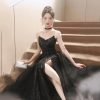 Black Sling Split Cocktail Evening Dress Sexy Formal Banquet Party Dress for Women
