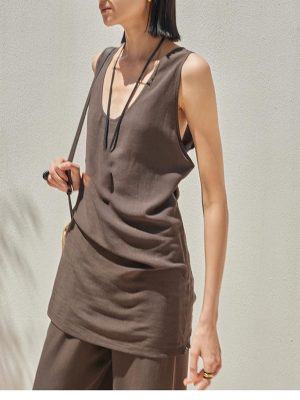 Women's Linen Lounge Set - Coffee Vest & Wide Leg Pants Summer Cooling Athletic Wear