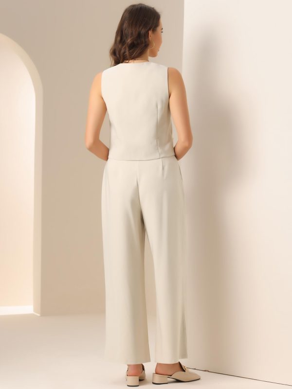 619RVztUdoL.jpg Two Piece Outfits for Women's Button Front Sleeveless Vest Wide Leg Pants Matching Sets