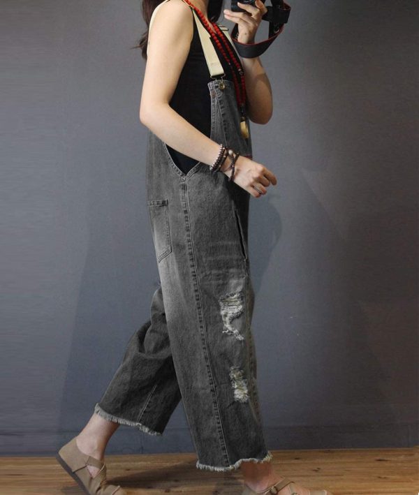 Women Casual Loose Cropped Denim Jumpsuits Rompers Jeans Overalls Distressed Ripped Fringed/Pockets P49
