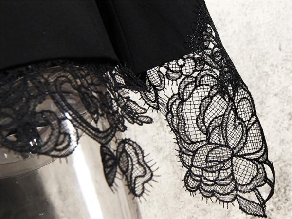 Women Embroidery Lace Notched Collar Long Sleeve Tunic Slimming Blazers