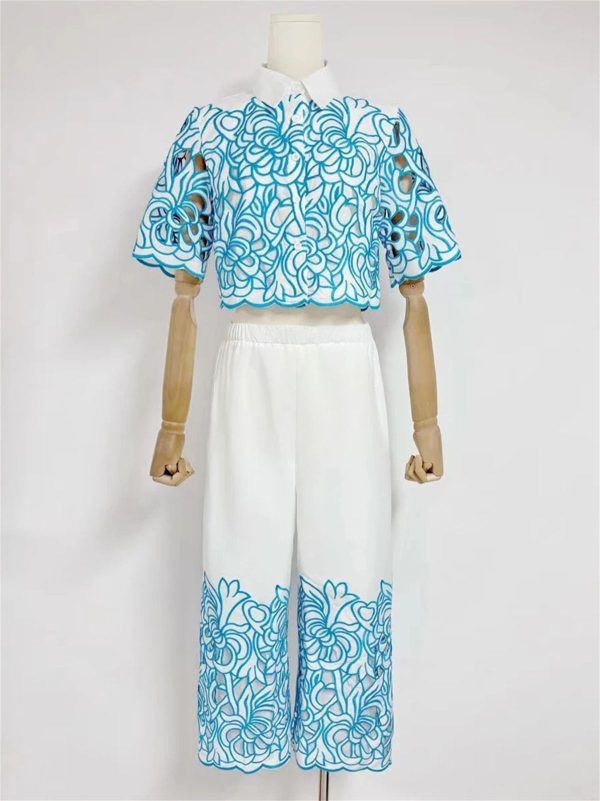 Women's Casual Top Set - Lapel Short Sleeve & Wide Leg Pants