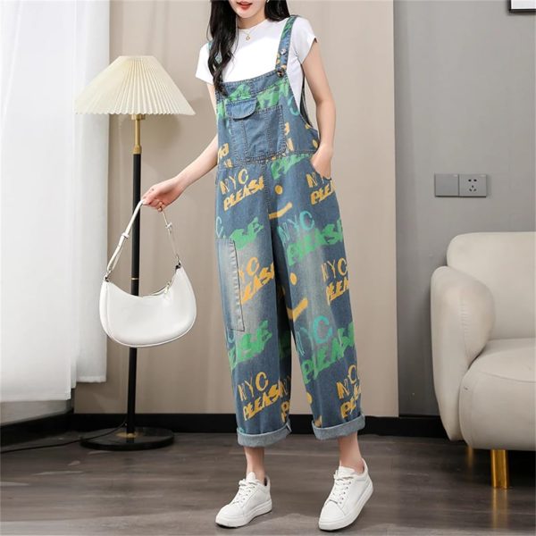 Women Printed Denim Overalls Sleeveless Wide Leg Denim Jumpsuits Loose Vintage Jumpsuits
