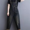 Women Pockets Ladies Long Jumpsuits Sleeveless Rompers Woman Blue Straight Jeans Jumpsuit