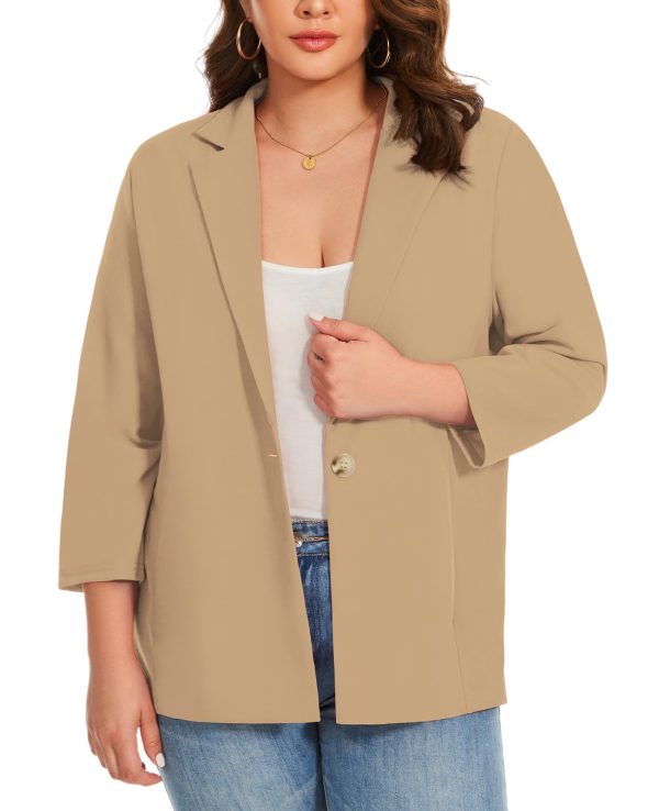Womens Plus Size Blazer 3/4 Sleeve Notch Lapel Casual Work Blazers One Button Open Front Pockets Jackets (XL-5XL)