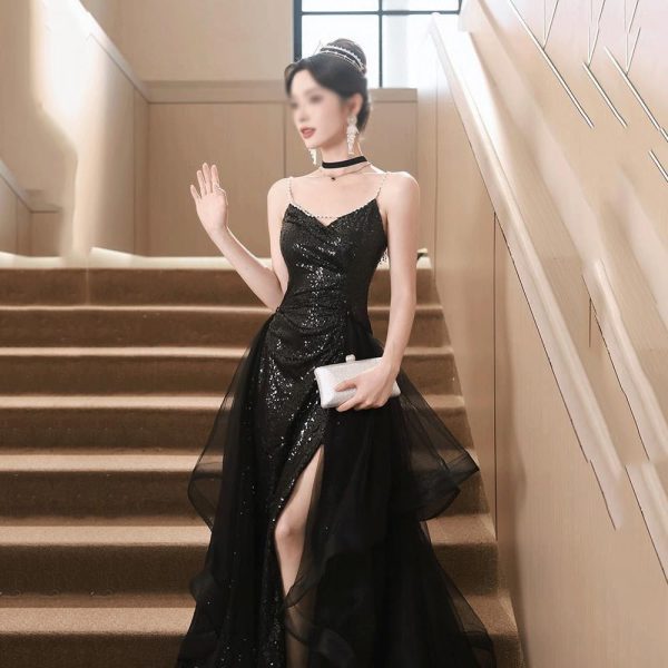 Black Sling Split Cocktail Evening Dress Sexy Formal Banquet Party Dress for Women