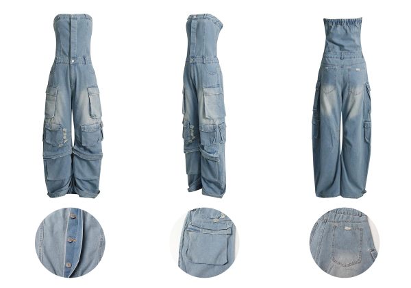 Women's Cargo Denim Jumpsuit Strapless Multi Pockets Wide Leg Loose Baggy Jean Romper Cargo Jeans