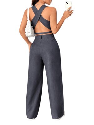 Women's 2 Piece Solid Sleeveless V Neck Cross Back Button Down Blazer and Pants Business Office Suit Set