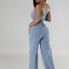 Womens Denim Jumpsuits Button Sleeveless Tube Top Wide Leg Jeans Summer Going Out Jumpsuits