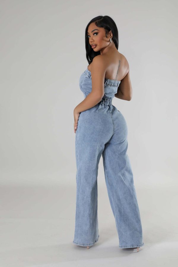 Womens Denim Jumpsuits Button Sleeveless Tube Top Wide Leg Jeans Summer Going Out Jumpsuits