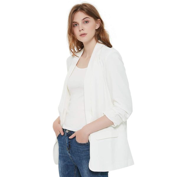 Womens 3/4 Ruched Sleeve Blazer Jacket Lightweight Work Office Open Front Solid Coat, Black