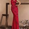 Sequin Evening Dress for Women V Neck Long Slit Formal Gown Wedding Guest Prom Floor Length Party Dress