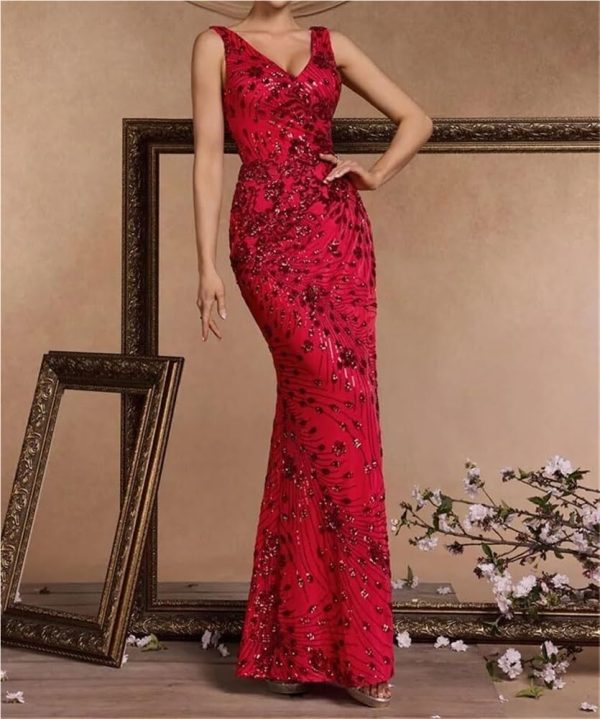 Sequin Evening Dress for Women V Neck Long Slit Formal Gown Wedding Guest Prom Floor Length Party Dress