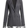 Women Embroidery Lace Notched Collar Long Sleeve Tunic Slimming Blazers