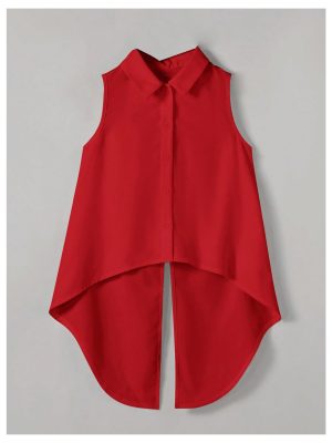 Women's Bow Back Blouse Collar Neck Button Down Vest Sleeveless Asymmetrical Split Blouse Top Tank